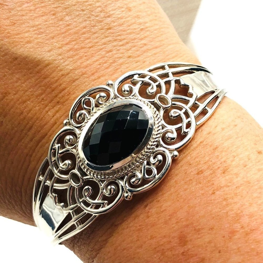 PTI India Black Onyx Sterling Silver Adjustable Size Cuff Bracelet